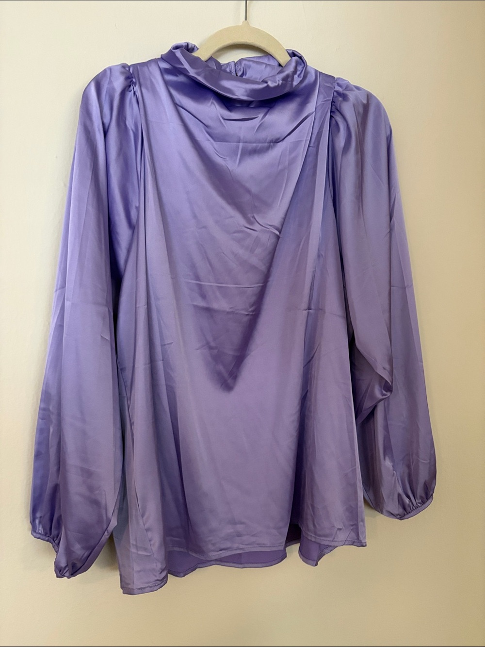 Women’s Lavender Satin Cowl-Neck Blouse with Long Puff Sleeves